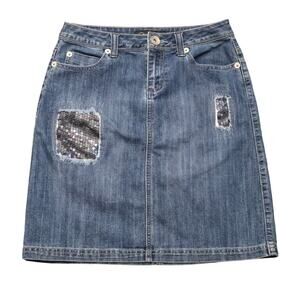 Christiana Zinn Blue Denim Sequin Patches Knee Length Skirt